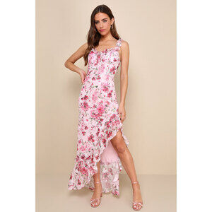 Lulus Lovable Spirit Pink Floral Burnout Ruffled High-low Maxi Dress - Size XXS